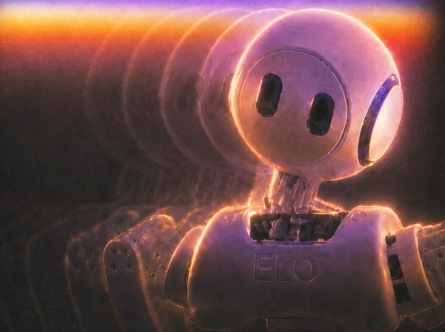 Elo, a round headed robot lit in orange and violet, with echoes of its head trailing to the left