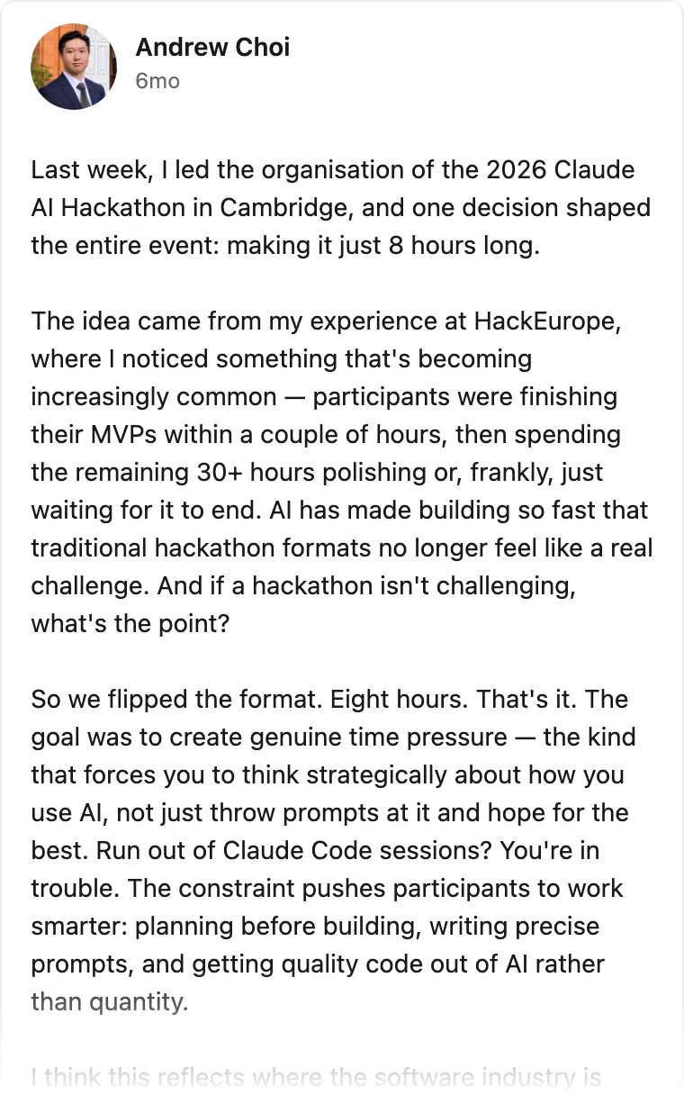 LinkedIn post by Andrew Choi about the Claude AI hackathon, Cambridge