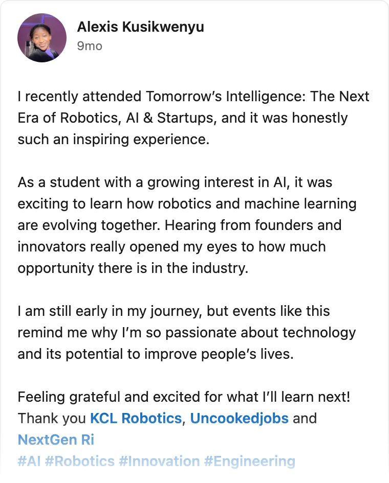 LinkedIn post by Alexis Kusikwenyu about Tomorrow's Intelligence, King's College London