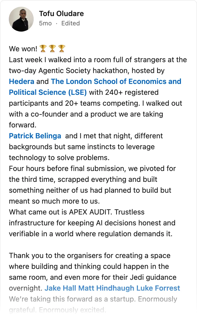 LinkedIn post by Tofu Oludare about Agentic Society, LSE