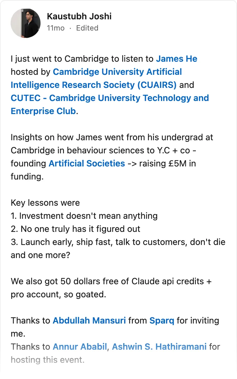 LinkedIn post by Kaustubh Joshi about the Cambridge AI talk with James He