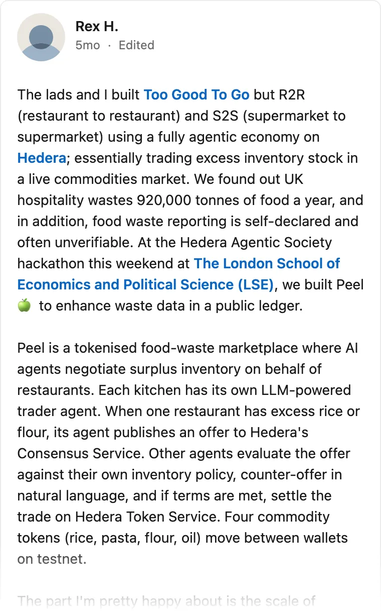 LinkedIn post by Rex H. about Agentic Society, LSE